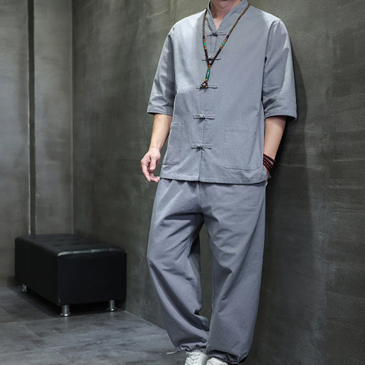 Buddha Stones 2Pcs Tang Suit Frog-Button Design Shirt Pants With Pockets Men's Meditation Cloth Set - image 34