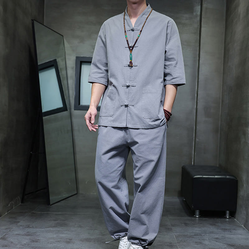 Buddha Stones 2Pcs Tang Suit Frog-Button Design Shirt Pants With Pockets Men's Cotton Linen Meditation Cloth Set - image 32