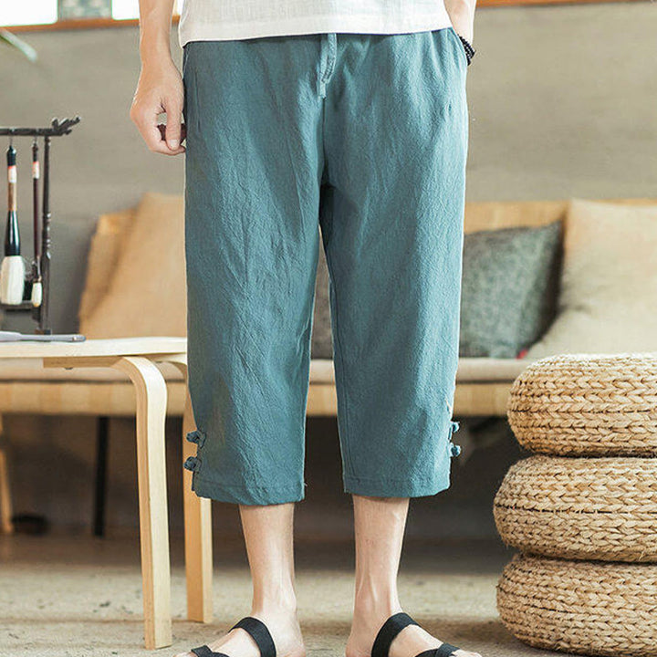 Buddha Stones Crane Embroidery Cotton Men's Cropped Harem Pants With Pockets - image 5
