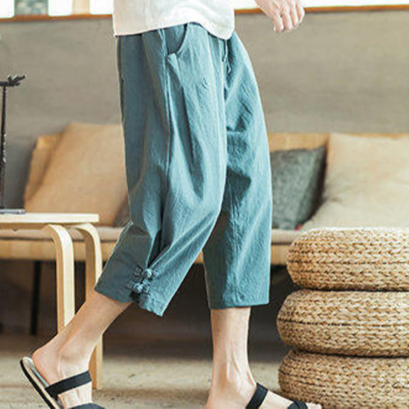 Buddha Stones Crane Embroidery Cotton Men's Cropped Harem Pants With Pockets - image 6