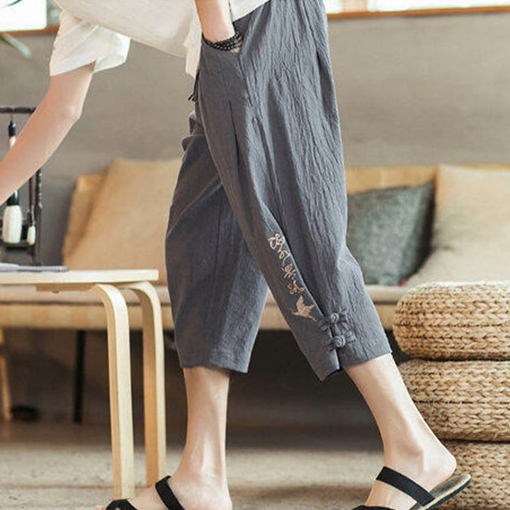 Buddha Stones Crane Embroidery Cotton Men's Cropped Harem Pants With Pockets - image 16