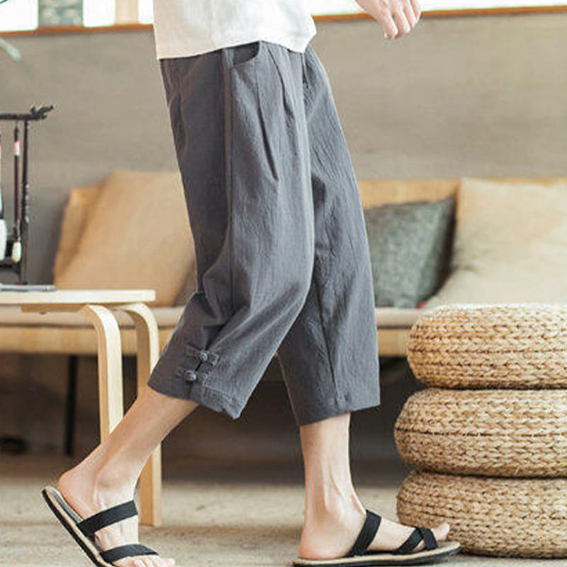 Buddha Stones Crane Embroidery Cotton Men's Cropped Harem Pants With Pockets - image 13