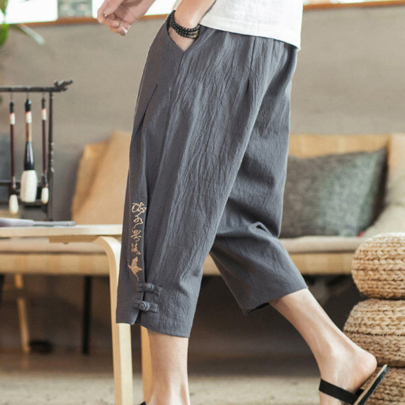 Buddha Stones Crane Embroidery Cotton Men's Cropped Harem Pants With Pockets - image 14