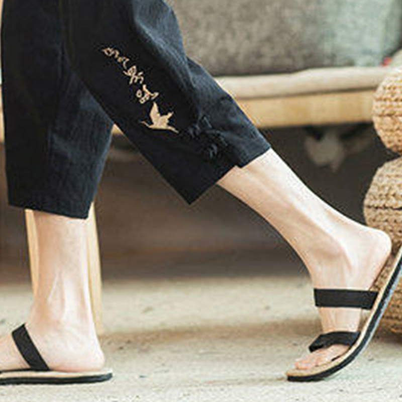 Buddha Stones Crane Embroidery Cotton Men's Cropped Harem Pants With Pockets - image 30