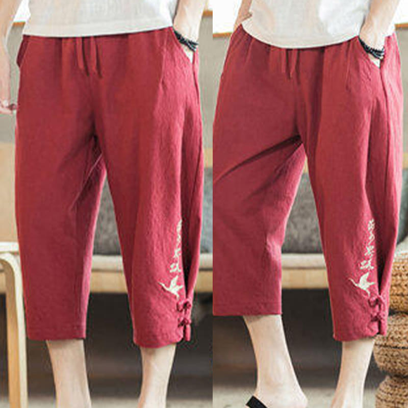 Buddha Stones Crane Embroidery Cotton Men's Cropped Harem Pants With Pockets - image 34