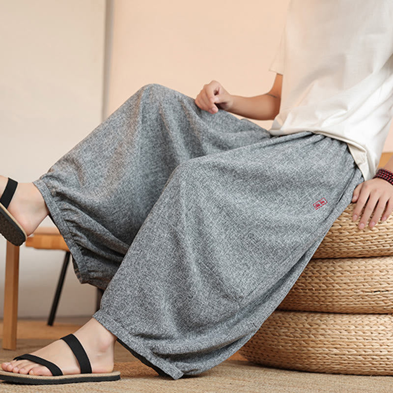 Buddha Stones Summer Characters Embroidery Drawstring Men's Cropped Ankle-Length Harem Pants With Pockets - image 8