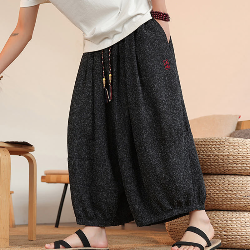 Buddha Stones Summer Characters Embroidery Drawstring Men's Cropped Ankle-Length Harem Pants With Pockets - image 19