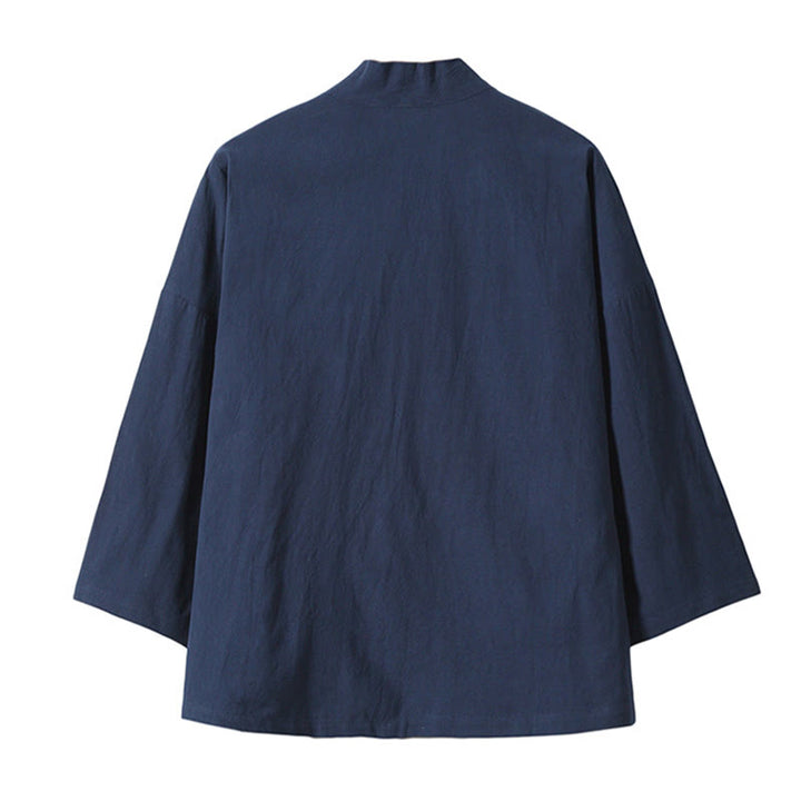 Buddha Stones Embroidery Flying White Cranes Cotton Linen Open Front Jacket Men's Kimono - image 16