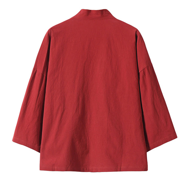 Buddha Stones Embroidery Flying White Cranes Cotton Linen Open Front Jacket Men's Kimono - image 3