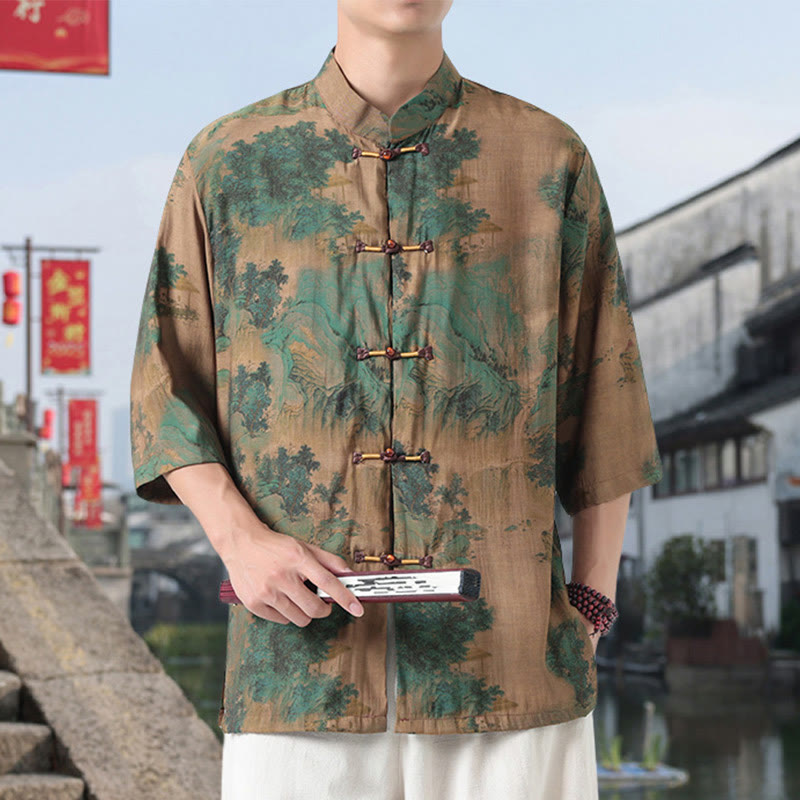 Buddha Stones Dragon Auspicious Clouds Green Mountains Chinese Frog-Button Men's Half Sleeve Cotton Linen Shirt - image 6
