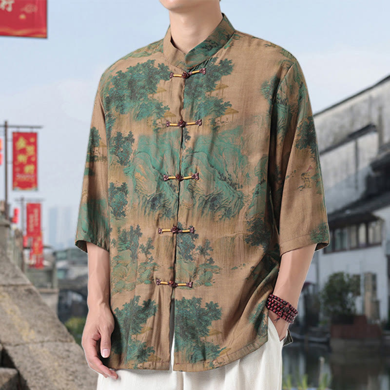 Buddha Stones Dragon Auspicious Clouds Green Mountains Chinese Frog-Button Men's Half Sleeve Cotton Linen Shirt - image 9