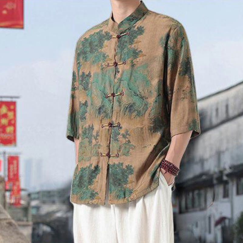 Buddha Stones Dragon Auspicious Clouds Green Mountains Chinese Frog-Button Men's Half Sleeve Cotton Linen Shirt - image 8