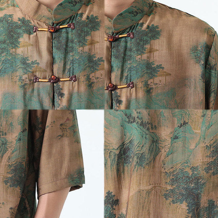 Buddha Stones Dragon Auspicious Clouds Green Mountains Chinese Frog-Button Men's Half Sleeve Cotton Linen Shirt - image 12