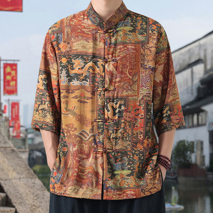 Buddha Stones Dragon Auspicious Clouds Green Mountains Chinese Frog-Button Men's Half Sleeve Cotton Linen Shirt - Goldenrod - US/UK/AU46，EU56 (5XL) - image 0