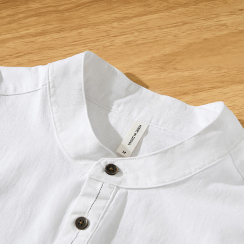 Buddha Stones Summer Solid Men's Half Button Short Sleeve Cotton Shirt - image 17