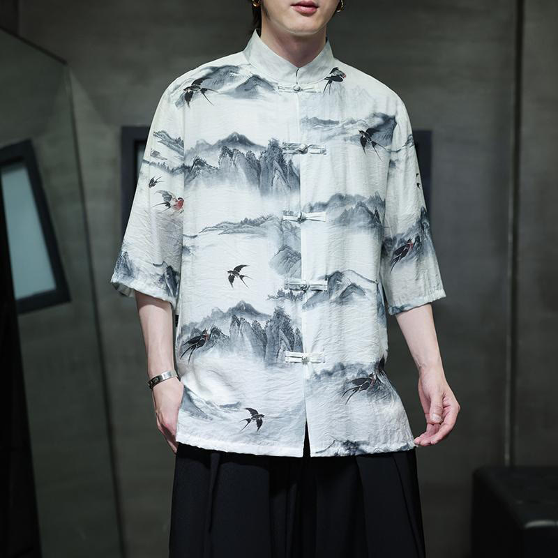 Buddha Stones Ink Painting Mountains Chinese Frog-Button Tang Suit Men's Half Sleeve Cotton Linen Shirt - image 1
