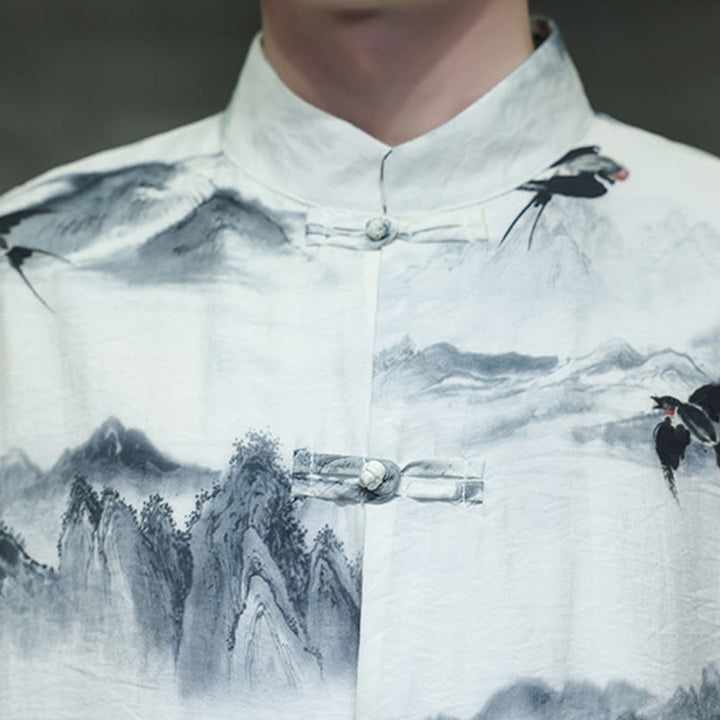 Buddha Stones Ink Painting Mountains Chinese Frog-Button Tang Suit Men's Half Sleeve Cotton Linen Shirt - image 10