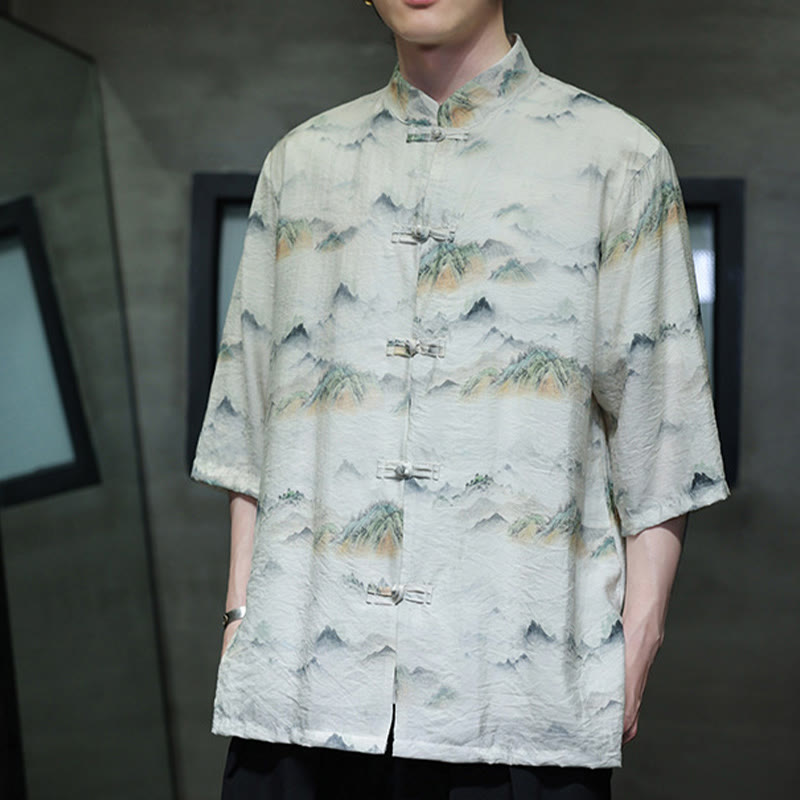 Buddha Stones Ink Painting Mountains Chinese Frog-Button Tang Suit Men's Half Sleeve Cotton Linen Shirt - image 16