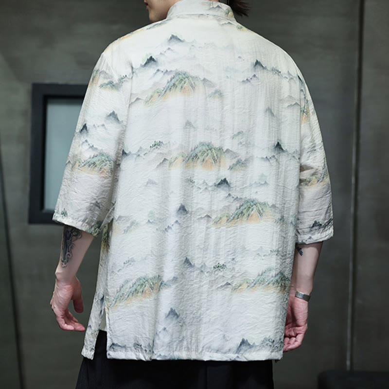 Buddha Stones Ink Painting Mountains Chinese Frog-Button Tang Suit Men's Half Sleeve Cotton Linen Shirt - image 14