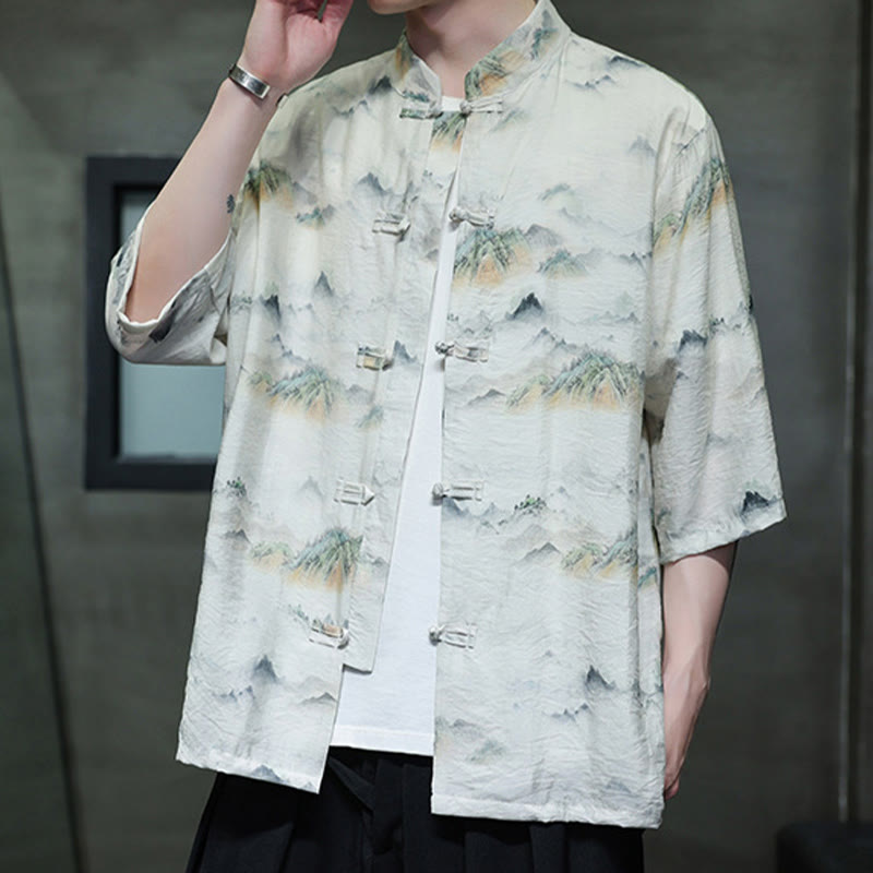 Buddha Stones Ink Painting Mountains Chinese Frog-Button Tang Suit Men's Half Sleeve Cotton Linen Shirt - image 17