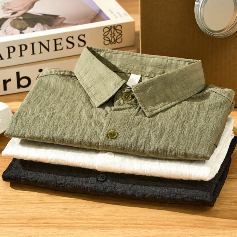 Buddha Stones Summer Solid Breathable Men's Buttons Short Sleeve Tencel Shirt - image 2