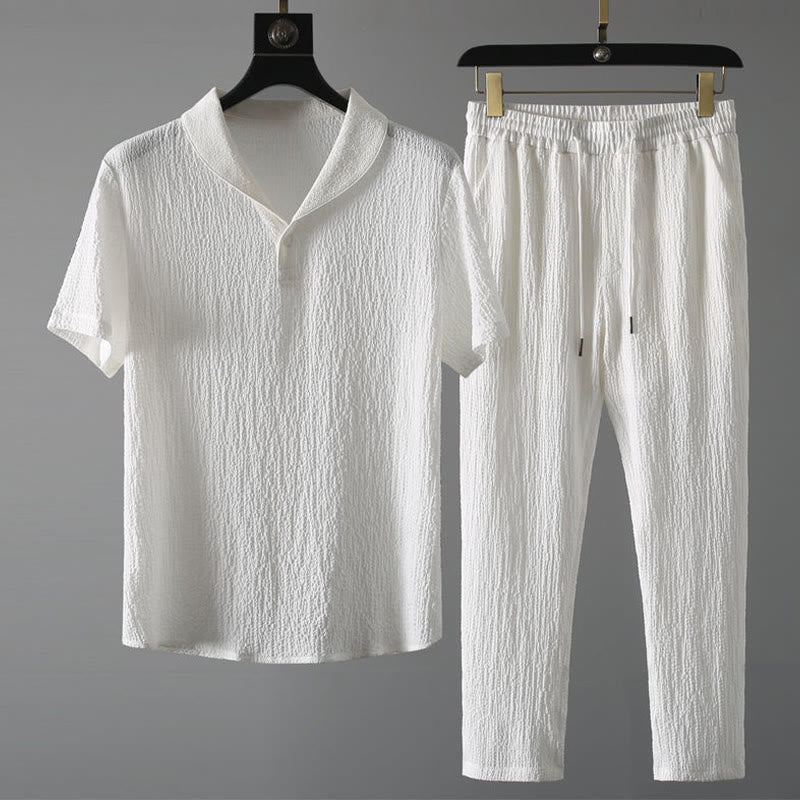 Buddha Stones 2Pcs Solid Color Wrinkle V-Neck Short Sleeve T-shirt Pants Clothing Men's Set - White - US/UK/AU46，EU56 (5XL) - image 7