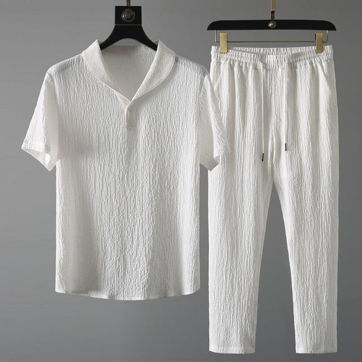 Buddha Stones 2Pcs Solid Color Wrinkle V-Neck Short Sleeve T-shirt Pants Clothing Men's Set - White - US/UK/AU46，EU56 (5XL) - image 7