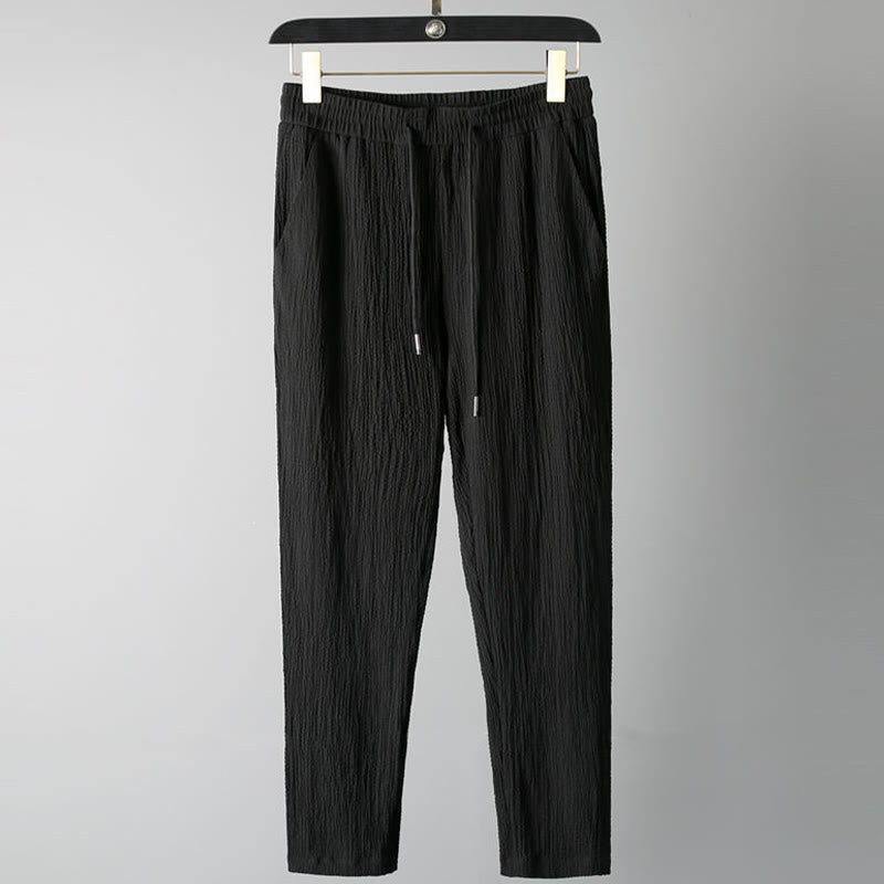 Buddha Stones 2Pcs Solid Color Wrinkle V-Neck Short Sleeve T-shirt Pants Clothing Men's Set - image 2