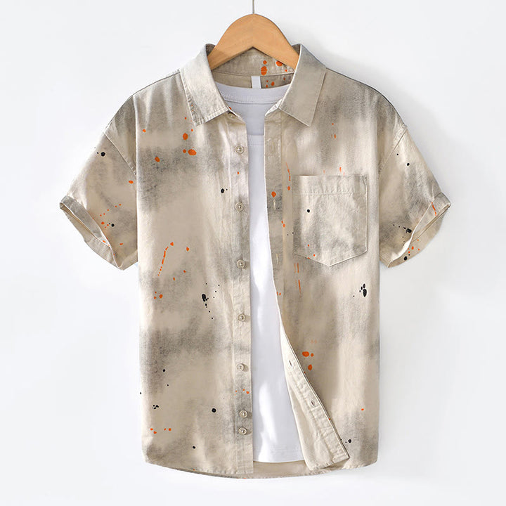 Buddha Stones Summer Ink Splashing Color Men's Button Short Sleeve Cotton Shirt - Linen - US/UK/AU40，EU50 (2XL) - image 0