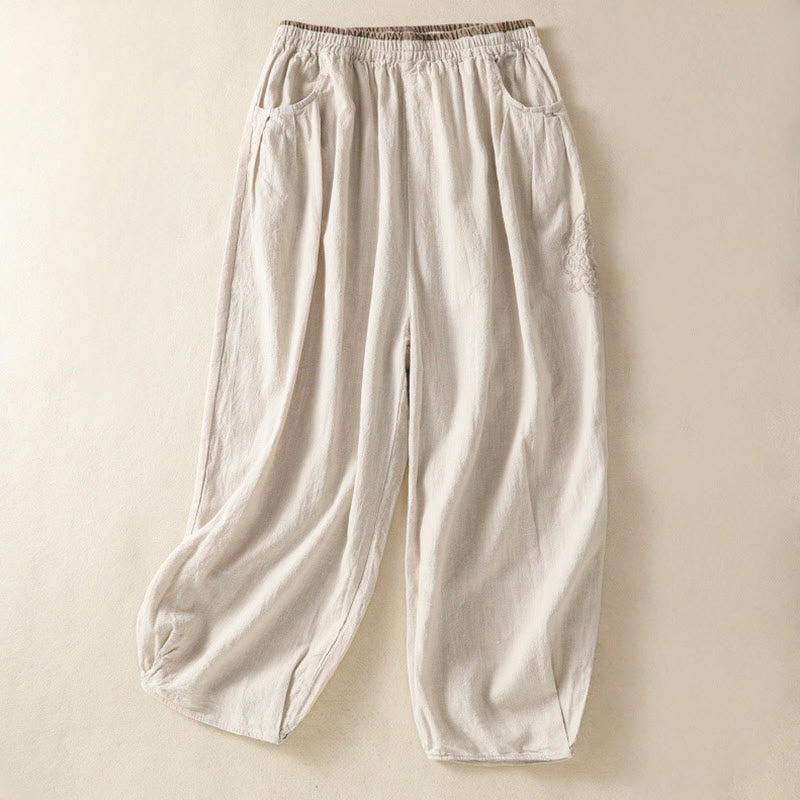 Buddha Stones Vintage Commute Solid Color Simple Design 7-8 Length High Waist Women's Harem Cotton Linen Pants With Pockets - Beige - US8-10，UK/AU12-14，EU40-42 (2XL) - image 0