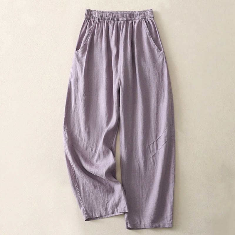 Buddha Stones Summer Daily Solid Color Elastic Waistband Design Women's Wide Leg Cotton Linen Pants With Pockets - MediumPurple - US8-10，UK/AU12-14，EU40-42 (2XL) - image 4