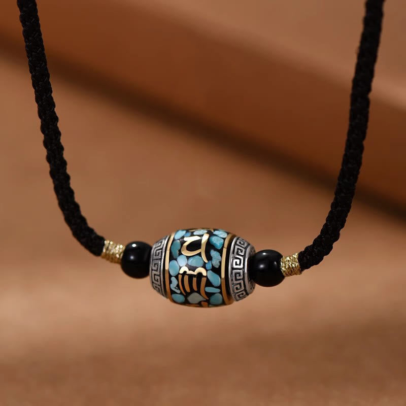 Buddha Stones Tibet Om Mani Padme Hum Dzi Bead Pattern Protection Rotatable Necklace Pendant - Rope Chain & Dzi Bead - image 0