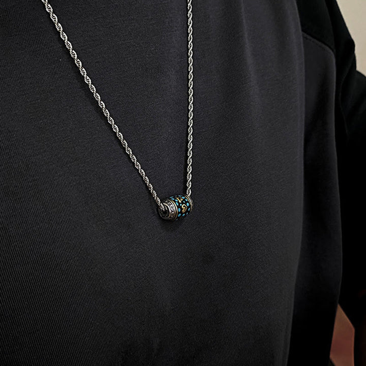 Buddha Stones Tibet Om Mani Padme Hum Dzi Bead Pattern Protection Rotatable Necklace Pendant - Titanium steel Chain & Dzi Bead - image 11