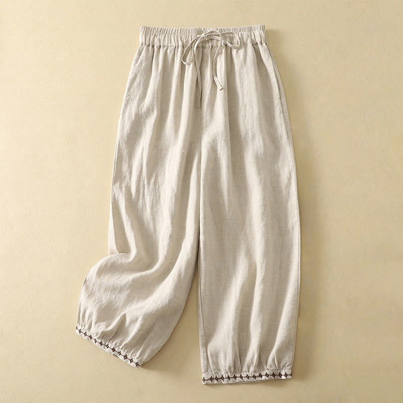 Buddha Stones Casual Retro Drawstring Embroidery Design Women's Cotton Linen 7-8 Length Pants With Pockets - Linen - US8-10，UK/AU12-14，EU40-42 (2XL) - image 0