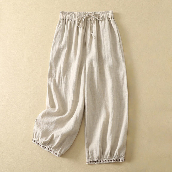 Buddha Stones Casual Retro Drawstring Embroidery Design Women's Cotton Linen 7-8 Length Pants With Pockets - Linen - US8-10，UK/AU12-14，EU40-42 (2XL) - image 0
