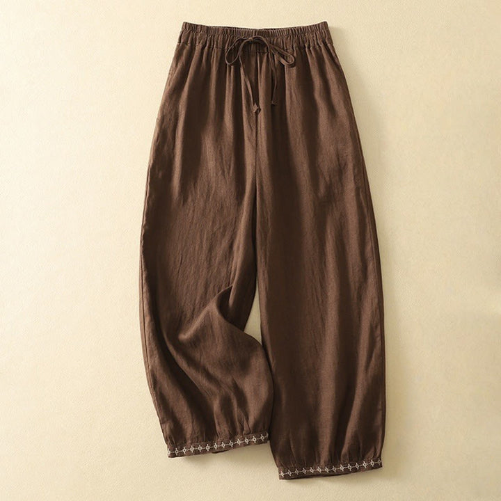 Buddha Stones Casual Retro Drawstring Embroidery Design Women's Cotton Linen 7-8 Length Pants With Pockets - SaddleBrown - US8-10，UK/AU12-14，EU40-42 (2XL) - image 13