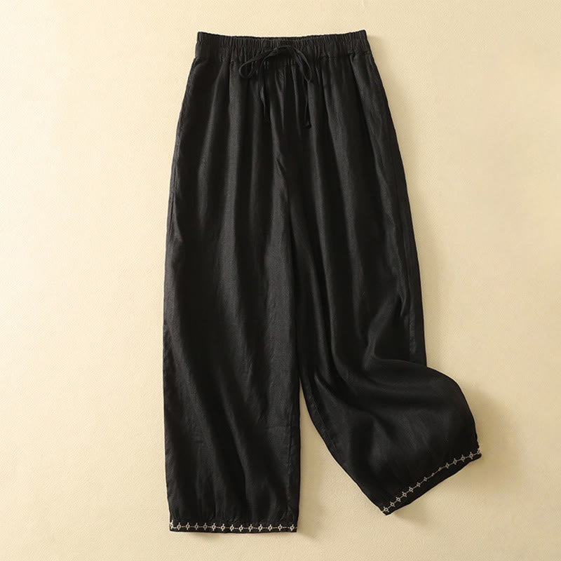 Buddha Stones Casual Retro Drawstring Embroidery Design Women's Cotton Linen 7-8 Length Pants With Pockets - Black - US8-10，UK/AU12-14，EU40-42 (2XL) - image 9