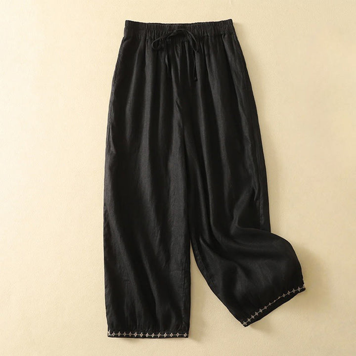 Buddha Stones Casual Retro Drawstring Embroidery Design Women's Cotton Linen 7-8 Length Pants With Pockets - Black - US8-10，UK/AU12-14，EU40-42 (2XL) - image 9