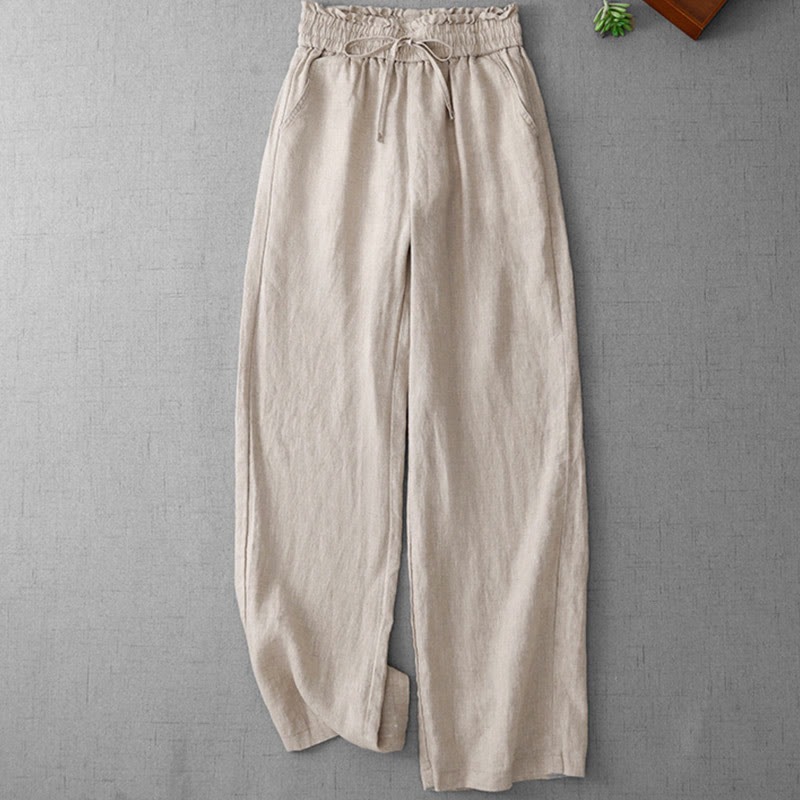 Buddha Stones Casual High Waist Ruffled Drawstring Design Women's Wide Leg Cotton Pants With Pockets - Linen - US12，UK/AU16，EU44 (2XL) - image 0