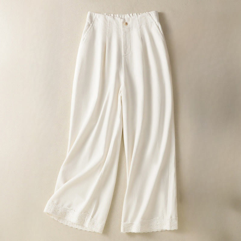 Buddha Stones Casual Lace Patchwork Design High Waist Women's Wide Leg Ankle-Length Pants With Pockets Zipper - OldLace - US8-10，UK/AU12-14，EU40-42 (2XL) - image 0