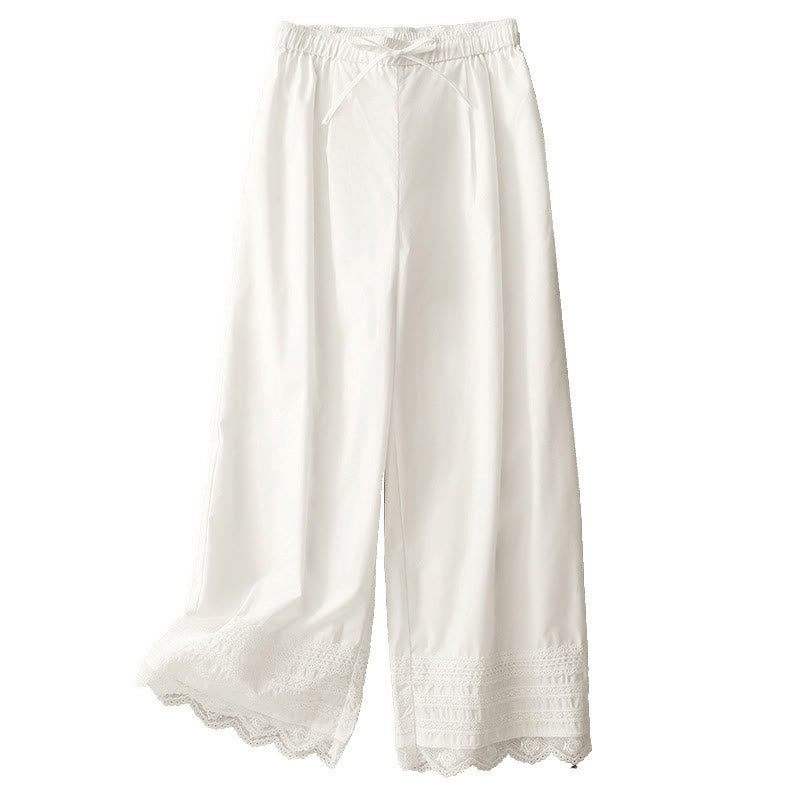 Buddha Stones Commute Plain Lace Patchwork Drawstring Design Women's Wide Leg Cotton Ankle-Length Pants With Pockets - image 13