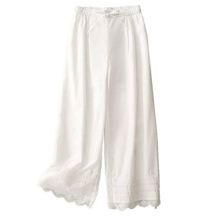 Buddha Stones Commute Plain Lace Patchwork Drawstring Design Women's Wide Leg Cotton Ankle-Length Pants With Pockets - image 13