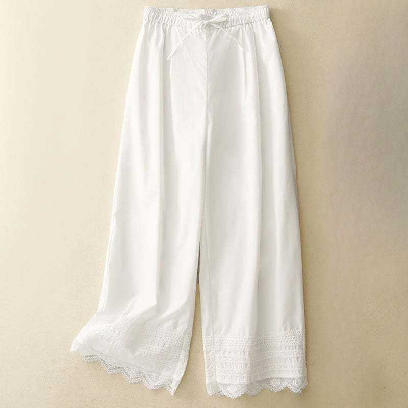 Buddha Stones Commute Plain Lace Patchwork Drawstring Design Women's Wide Leg Cotton Ankle-Length Pants With Pockets - White - US12，UK/AU16，EU44 (2XL) - image 8