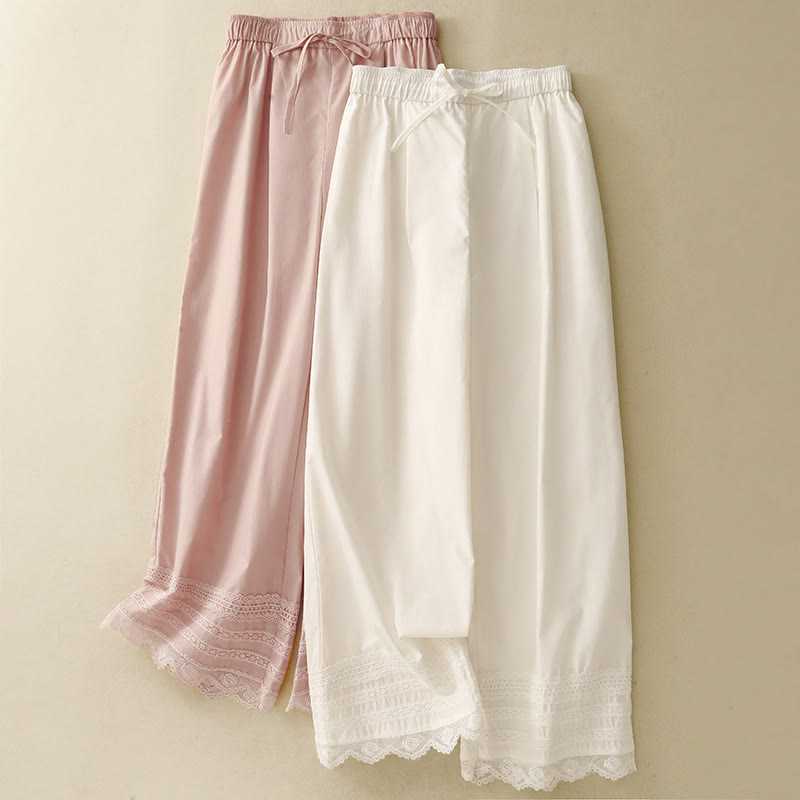 Buddha Stones Commute Plain Lace Patchwork Drawstring Design Women's Wide Leg Cotton Ankle-Length Pants With Pockets - image 14