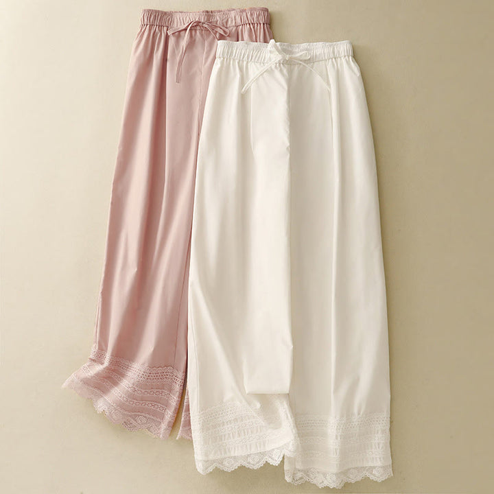 Buddha Stones Commute Plain Lace Patchwork Drawstring Design Women's Wide Leg Cotton Ankle-Length Pants With Pockets - image 14