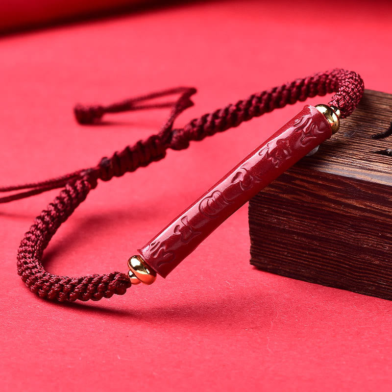 Buddha Stones Handmade Cinnabar Om Mani Padme Hum Heart Sutra Blessing Braided Bracelet - Om Mani Padme Hum(Wrist Circumference: 14-19cm) - image 0