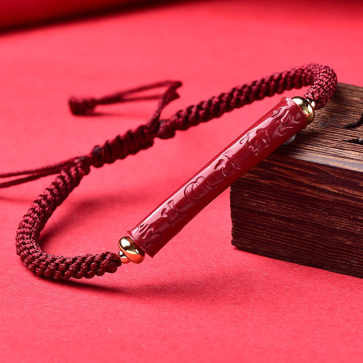 Buddha Stones Handmade Cinnabar Om Mani Padme Hum Heart Sutra Blessing Braided Bracelet - Om Mani Padme Hum(Wrist Circumference: 14-19cm) - image 0