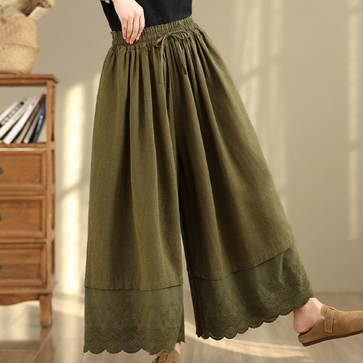 Buddha Stones Spring Embroidery Lace Hem Patchwork Drawstring Design Women's Wide Leg Cotton Pants With Pockets - image 21