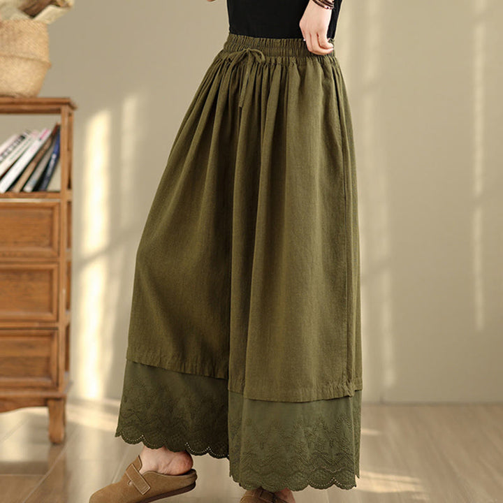 Buddha Stones Spring Embroidery Lace Hem Patchwork Drawstring Design Women's Wide Leg Cotton Pants With Pockets - image 22