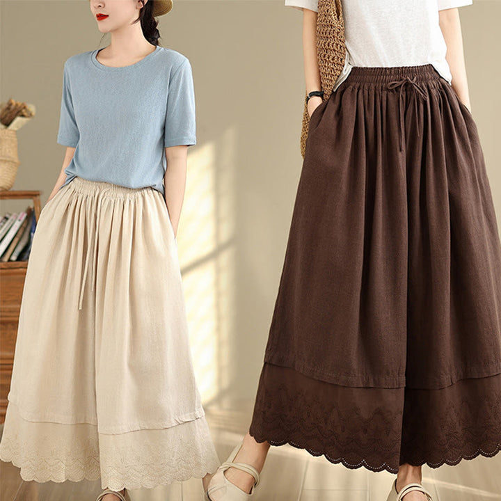 Buddha Stones Spring Embroidery Lace Hem Patchwork Drawstring Design Women's Wide Leg Cotton Pants With Pockets - image 26